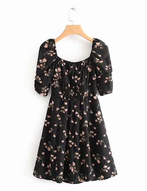 Fashion Black Flower Print Short Sleeve Dress:Asujewelry.com