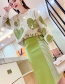 Fashion Pink Clothes + Green Skirt Knitted Love Embroidered Striped Bow Skirt Set