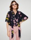 Fashion Navy Flowers Pattern Decorated Short Sleeves Blouse