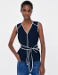 Fashion Navy V Neckline Design Sleeveless Blouse