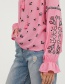 Fashion Pink Embroidery Flower Decorated Long Sleeves Blouse