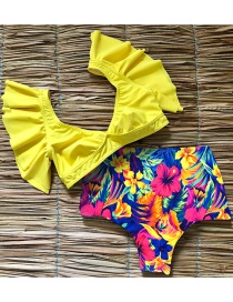 Fashion Yellow Trousers Floral High Waist Ruffled Vest Deep V Bikini