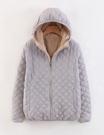 Fashion Light Grey Checked Lamb Hooded Hooded Padded Coat