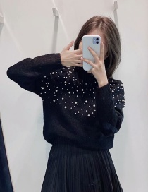 Fashion Black Pearl-trimmed Round Neck Pullover