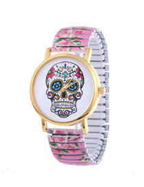 Fashion Pink Colorful Skull Printed Steel Band Stretch Pull Bracelet Watch
