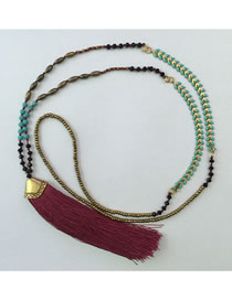 Fashion Maroon Tassel Crystal Handmade Beaded Long Necklace