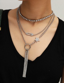 Fashion White K Geometric Hollow Claw Chain Diamond Brooch Star Tassel Necklace