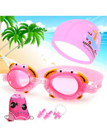 Fashion Pink Crab + Pu Cap Four Piece Set Crab Anti-fog Waterproof Childrens Swimming Goggles Animal Print Swimming Cap