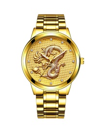 Fashion Gold Color Noodles Embossed Dragon Non Mechanical Steel Band Quartz Mens Watch