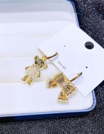 Fashion Gold Color Brass Inlaid Zirconium Bead Bear Bow Asymmetric Earrings