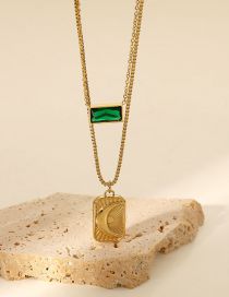 Fashion Green Stainless Steel Moon Square Double Layer Necklace