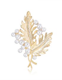 Fashion Gold Alloy Set Pearl Leaf Brooch