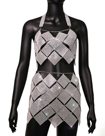 Fashion Silver Skirt Metal Diamond Lozenge Cutout Vest And Skirt Set