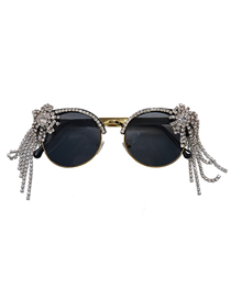 Fashion Black Resin Diamond Tassel Round Frame Sunglasses