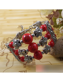 Fashion Red Alloy Flower Turquoise Beaded Multilayer Bracelet