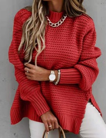 Fashion Red Long Sleeve Pullover Knitted Split Sweater