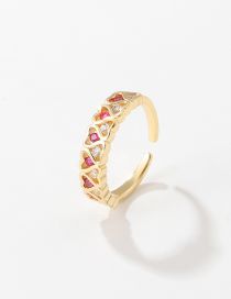 Fashion Red Brass Diamond Double Row Heart Open Ring