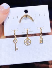 Fashion Gold Bronze Zirconium Key Small Lock Geometric Earrings Set