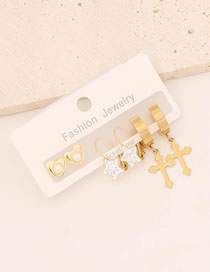 Fashion 12# Titanium Diamond Pentagram Heart Cross Earrings Set