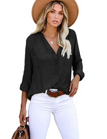 Fashion Black Polyester V-neck Button-up Shirt