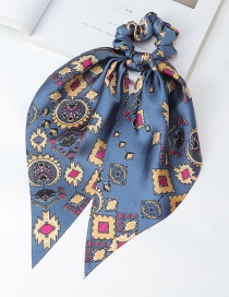 Fashion Royal Blue Fabric Printed Long Tail Streamer Pleated Hair Tie
