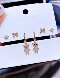 Fashion Gold Copper Inlaid Zirconium Geometric Bear Bow Star Earrings Set
