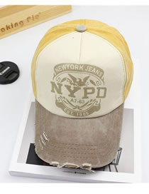 Fashion Brown Eaves With Ochre Alphabet-print Ripped Colorblock Baseball Cap