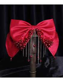 Fashion Red Sewn Pearl Fringe Bow Hair Clip