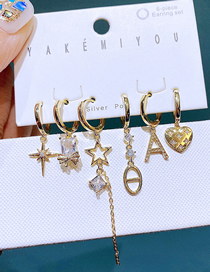 Fashion Gold Color Bronze Zirconium Pentagram Alphabet Heart Earrings Set