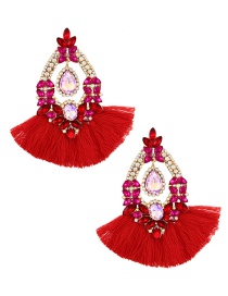 Fashion Red Alloy Diamond Geometric Tassel Stud Earrings