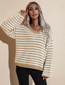 Fashion Khaki V-neck Striped Pullover Sweater