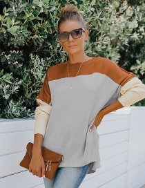 Fashion Brown Off-the-shoulder Contrast Color Puff Sleeve Sweater