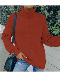 Fashion Rust Red Turtleneck Knitted Long-sleeved Sweater
