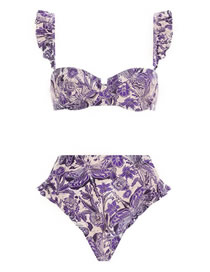 Fashion Purple Polyester Flying Sleeve Print High Waist Two-piece Swimsuit