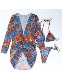 Fashion Orange Polyester Halter Neck Ties Printed Two-piece Swimsuit Three-piece Set