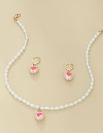 Fashion Pink Metal Pearl Beaded Drip Oil Heart Necklace Earrings Earrings Set