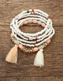 Fashion White Beaded Tassel Layered Bracelet Set With Rice Beads