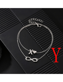 Fashion Silver Y Letter 10178 Alloy Geometric Heart 26 Letter 8 Word Chain Double Layer Anklet