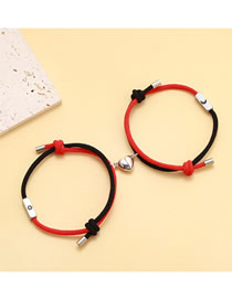Fashion A Pair Of Stainless Steel Sun And Moon Color Matching Black And Red Ropes Titanium Steel Sun Moon Square Magnetic Heart Bracelet Set