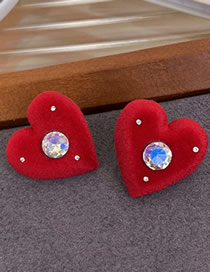 Fashion Red Geometric Diamond Flocked Heart Stud Earrings
