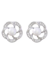 Fashion Silver Alloy Diamond And Pearl Flower Stud Earrings