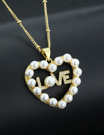 Fashion Gold Gold-plated Copper Heart Necklace With Diamonds And Pearls