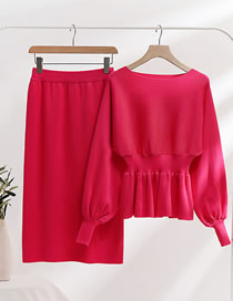 Fashion Rose Red Two Pieces Of Round Neck Bag Hips And Waist Slim Knitted Dresses