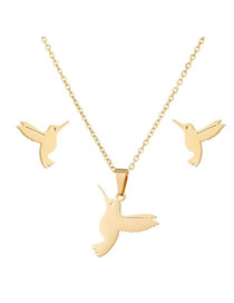 Fashion Gold Stainless Steel Hummingbird Necklace And Stud Earrings Set