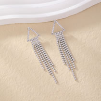 Fashion Silver Brass Zirconia Claw Chain Tassel Triangle Earrings