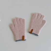 Fashion Pink Children's Woolen Five-finger Gloves With Leather Labels