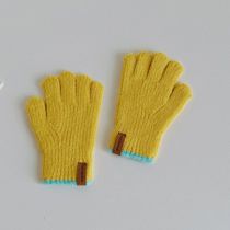 Fashion Yellow Children's Woolen Five-finger Gloves With Leather Labels