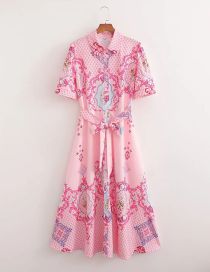 Fashion Pink Polyester Print Lapel Tie Dress